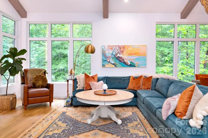 Expansive windows with wooded views