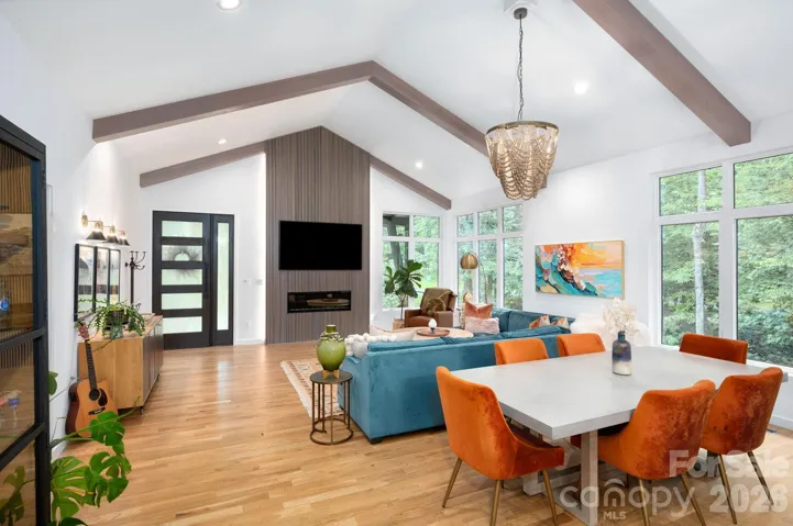 Fireplace and feature wall add architectural drama.