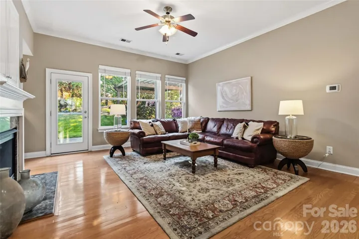 Large open living room with gas fireplace