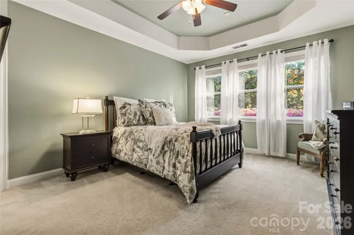 Main floor primary suite with tray ceilings