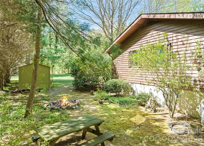 Side Yard with Fire Pit and Storage Building