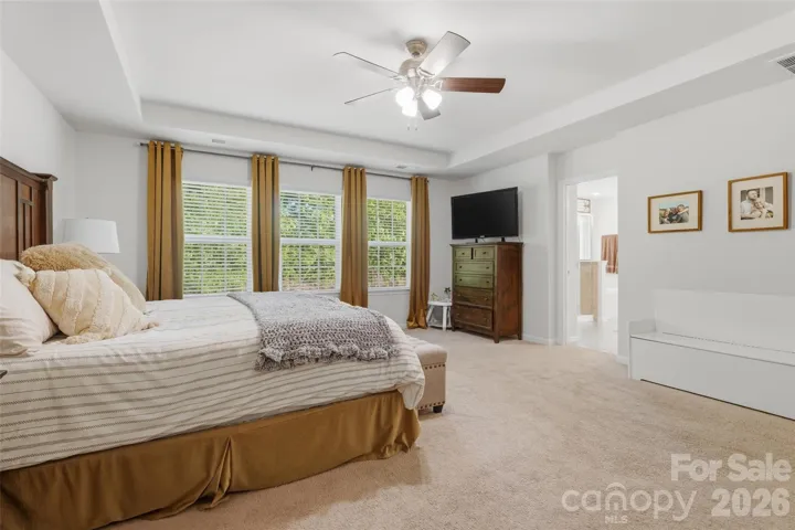 Primary suite with beautiful windows and tray ceiling 