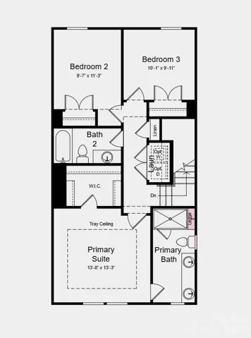 Upper Level Floor Plan -  Additional Highlights Include: secondary bedroom with full bath in place of a flex room and half bath and upgraded shower with ledge in the primary bath