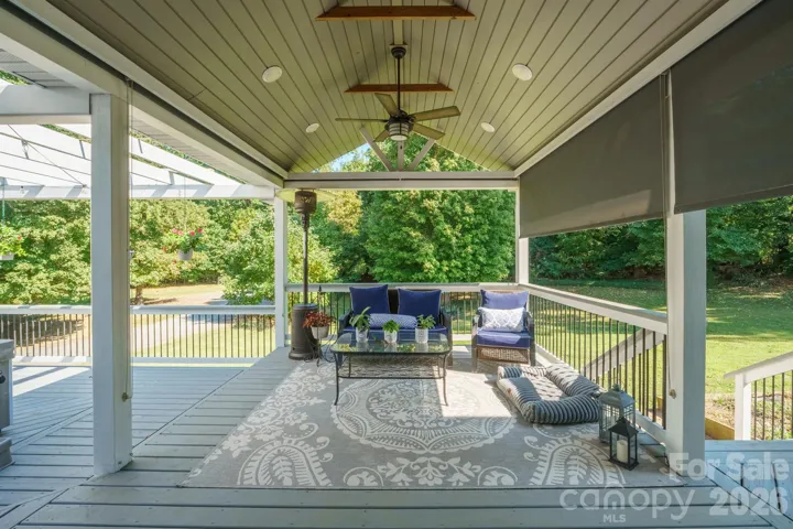 Covered deck with fans, shades and TV