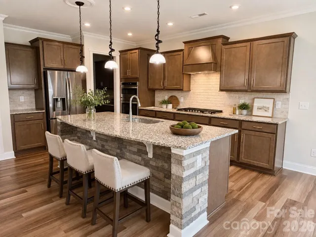 Gourmet Kitchen with large entertaining island, built in gas cooktop, upgraded vent hood, tile backsplash, granite countertops, built in oven and microwave oven.  Butlers Pantry. (virutally staged image)