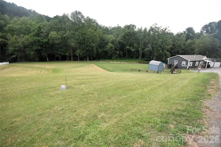 The lot runs all the way to the tree line where it meets Jonathan Creek.  Approximately from the well cover in the left foreground to the mowed line on the right side