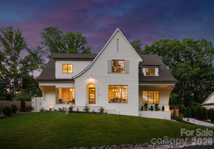 Front view at twilight.