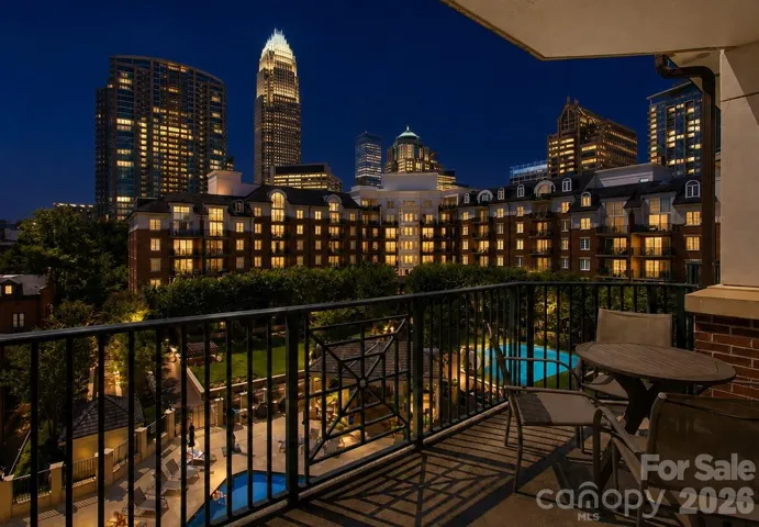 Experience the magic of Charlotte after dark from your own private balcony. Overlooking Fifth & Poplar's beautifully landscaped courtyard, sparkling pool, and the dazzling Uptown skyline, this view is the perfect backdrop for evening cocktails, quiet mornings, or simply taking in the city lights.