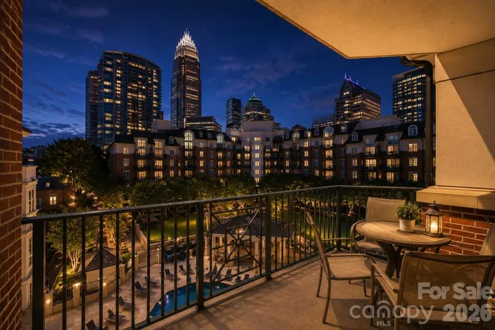 Experience the magic of Charlotte after dark from your own private balcony. Overlooking Fifth & Poplar's beautifully landscaped courtyard, sparkling pool, and the dazzling Uptown skyline, this view is the perfect backdrop for evening cocktails, quiet mornings, or simply taking in the city lights.