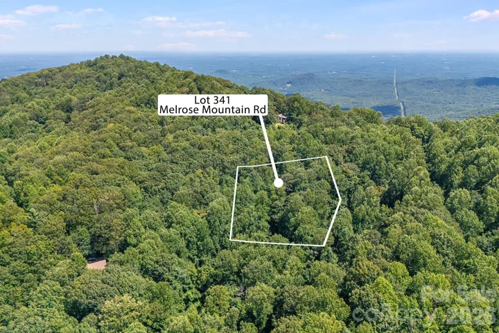 Aerial view highlighting Lot 341, a 1.05-acre wooded homesite tucked into the gated Melrose Mountain community.