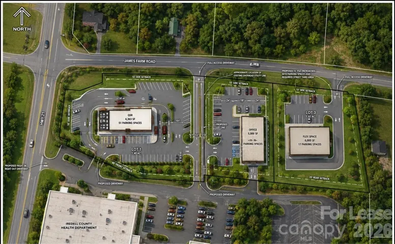 Conceptual site rendering illustrating potential restaurant, office, and flex space development at James Farm Road and Highway 21. Proposed layout is for illustrative purposes and subject to approvals