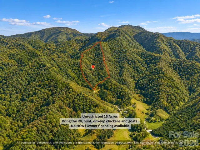 Aerial of 15 acres of unrestricted mountain land near Bakersville, NC in the Blue Ridge Mountains. Owner financing available