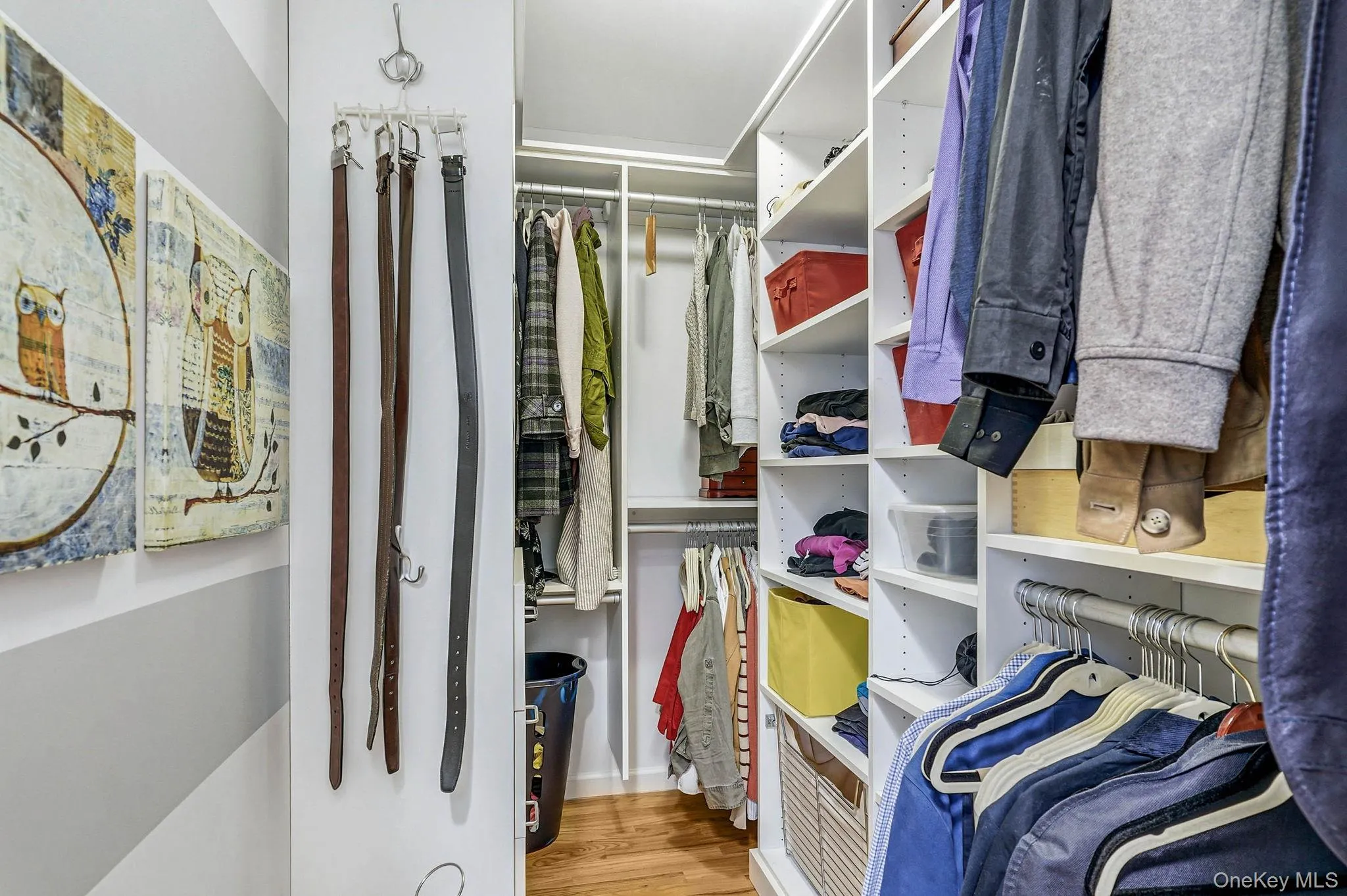 Walk-in closet featuring built-in white shelving, multiple hanging rods, wood-finish flooring, and ample storage solutions Walk-in closet featuring built-in white shelving, multiple hanging rods, wood-finish flooring, and ample storage solutions