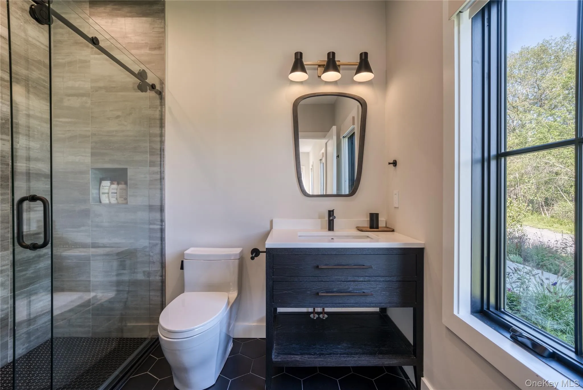 Bathroom with vanity, plenty of natural light, an enclosed shower, and toilet Bathroom with vanity, plenty of natural light, an enclosed shower, and toilet