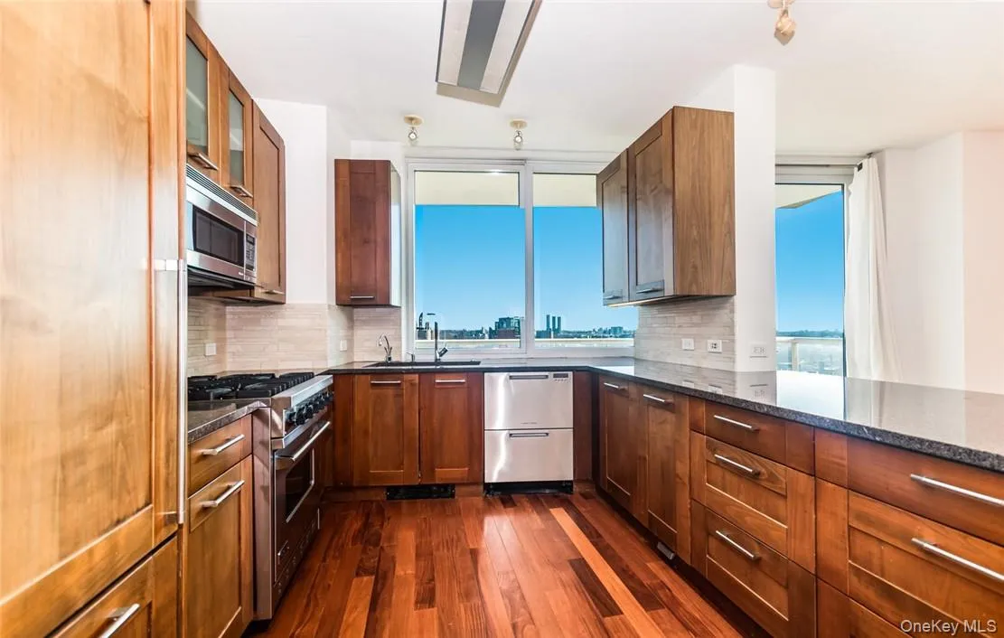 Kitchen featuring decorative backsplash, dark wood-type flooring, stainless steel appliances, and a wealth of natural light Kitchen featuring decorative backsplash, dark wood-type flooring, stainless steel appliances, and a wealth of natural light