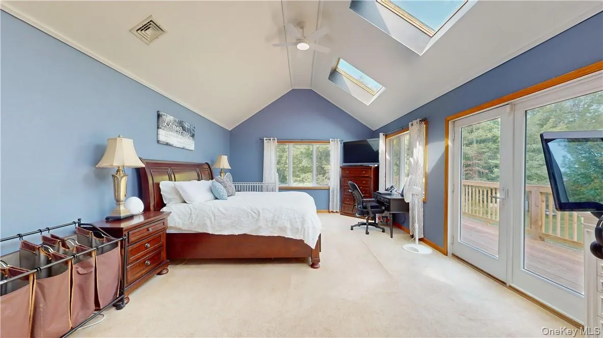 Bedroom featuring light carpet, vaulted ceiling with skylight, and access to outside Bedroom featuring light carpet, vaulted ceiling with skylight, and access to outside