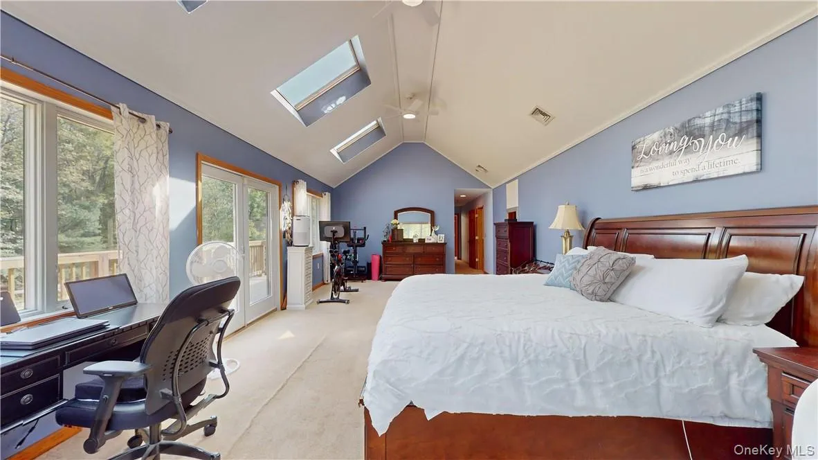 Carpeted bedroom featuring vaulted ceiling with skylight and multiple windows Carpeted bedroom featuring vaulted ceiling with skylight and multiple windows