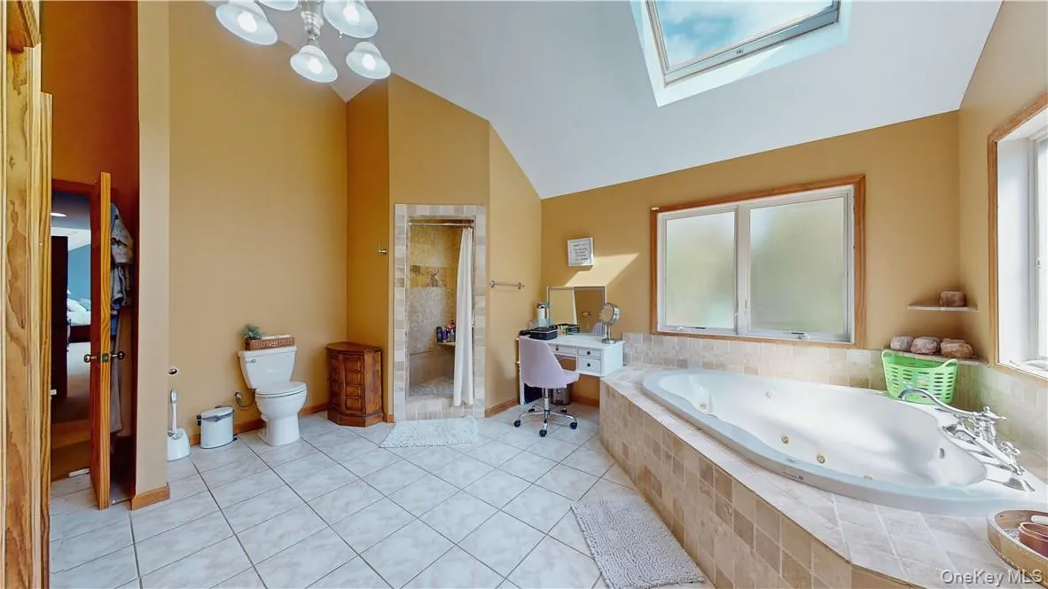 Bathroom with tile patterned flooring, separate shower and tub, toilet, and vaulted ceiling with skylight Bathroom with tile patterned flooring, separate shower and tub, toilet, and vaulted ceiling with skylight