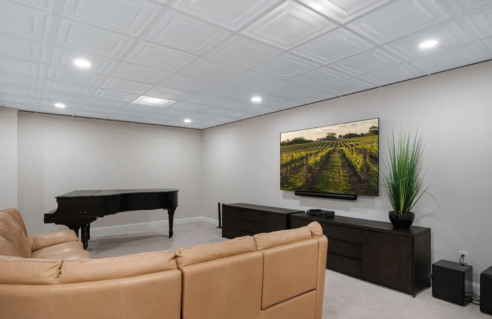 Living room featuring light colored carpet, recessed lighting, and an ornate ceiling Living room featuring light colored carpet, recessed lighting, and an ornate ceiling