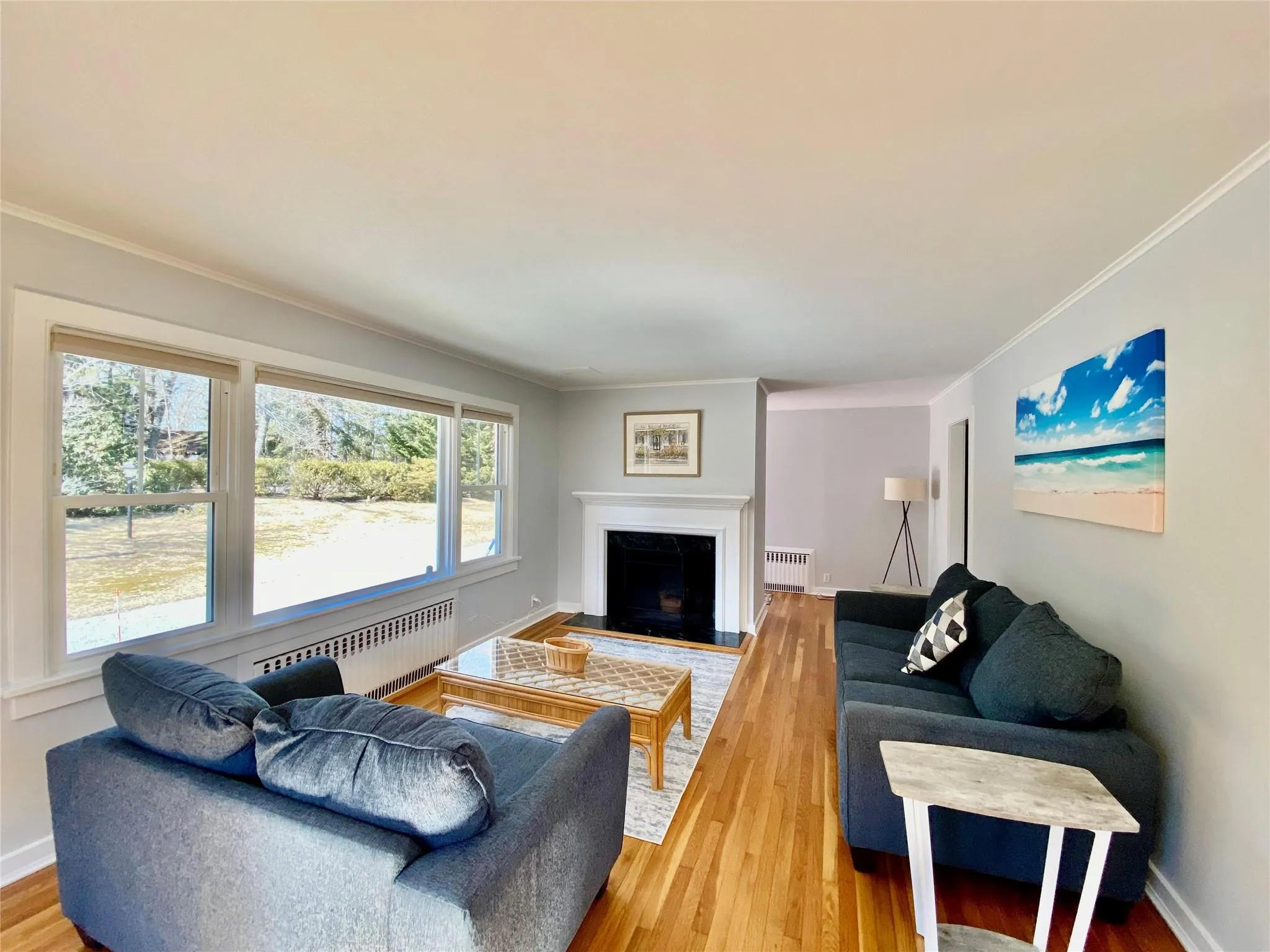 Living room featuring ornamental molding, radiator heating unit, and light wood-style flooring Living room featuring ornamental molding, radiator heating unit, and light wood-style flooring