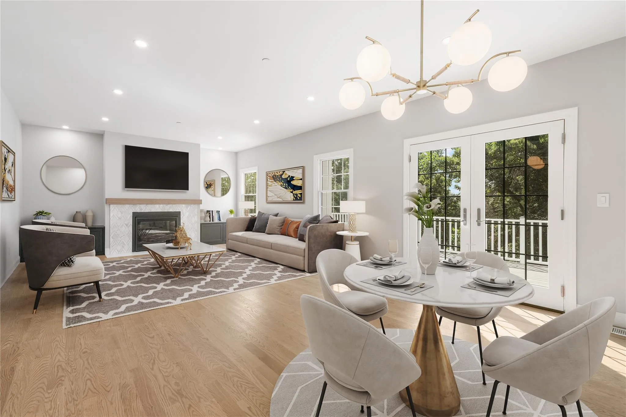 Dining space with an inviting chandelier, light wood-type flooring, and french doors Dining space with an inviting chandelier, light wood-type flooring, and french doors
