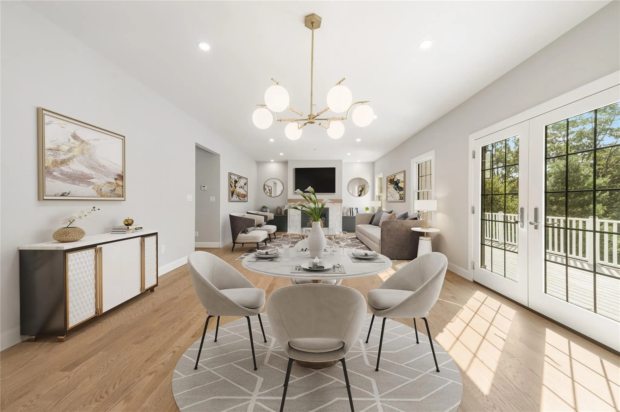 Dining space featuring an inviting chandelier, french doors, and light wood-type flooring Dining space featuring an inviting chandelier, french doors, and light wood-type flooring