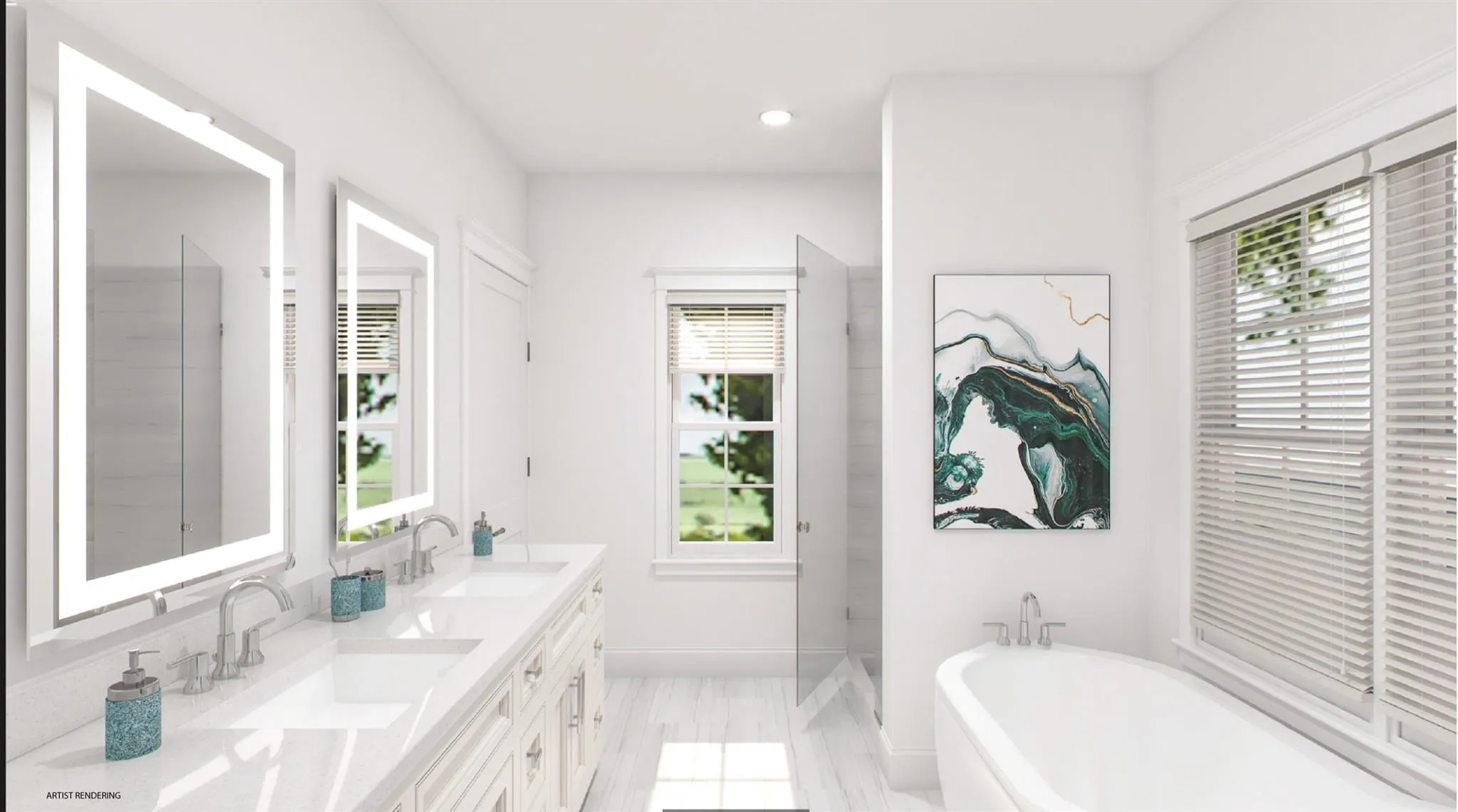 Full bath with double vanity, a soaking tub, a sink, and recessed lighting Full bath with double vanity, a soaking tub, a sink, and recessed lighting