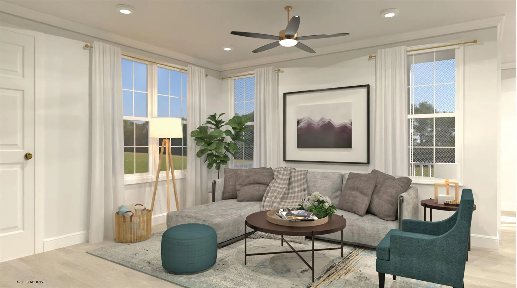 Living area with baseboards, ceiling fan, light wood-style flooring, and recessed lighting