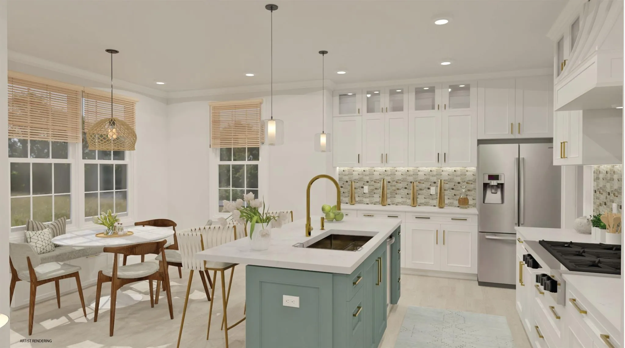 Kitchen with decorative light fixtures, a center island with sink, glass insert cabinets, a sink, and gas cooktop