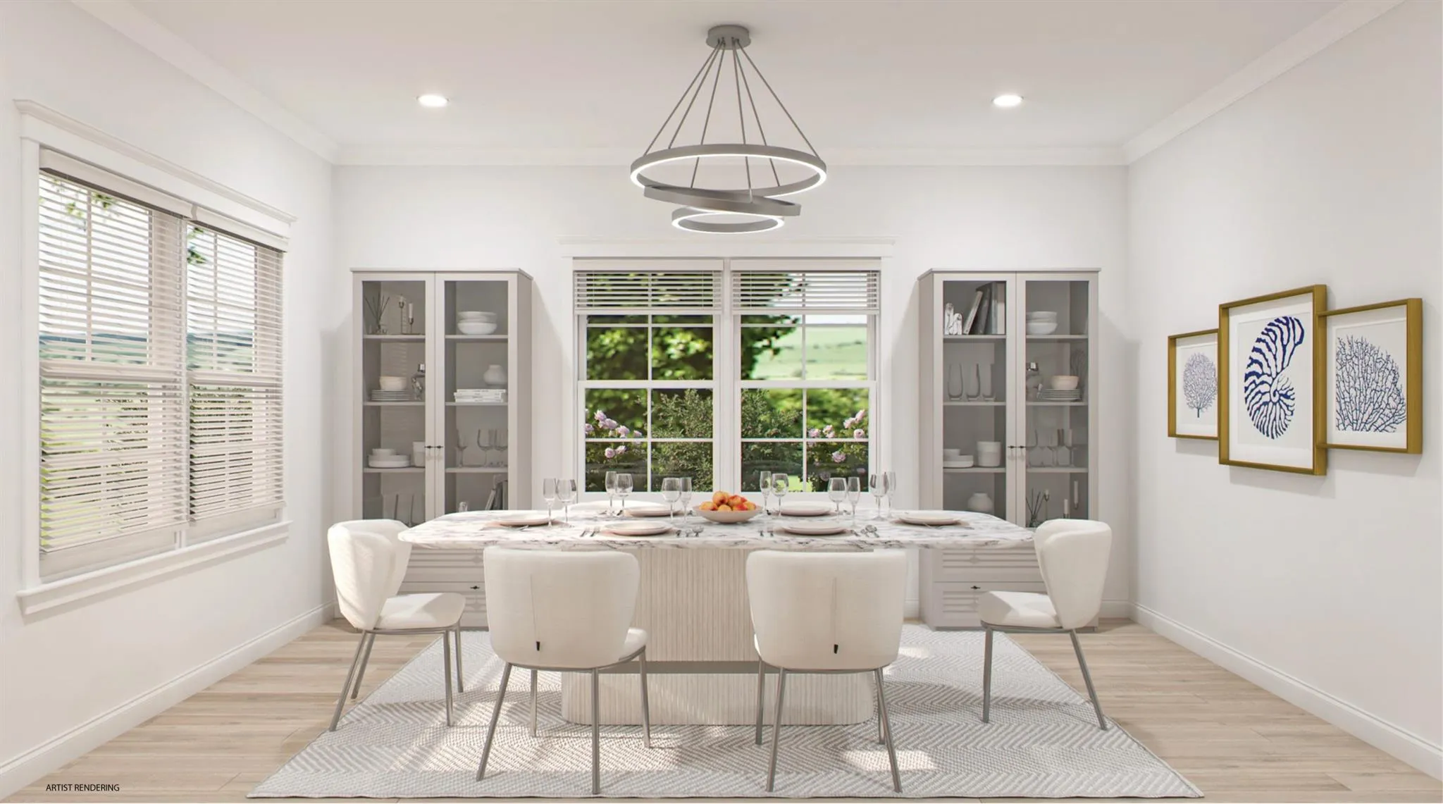 Dining room featuring ornamental molding, light wood-type flooring, and baseboards