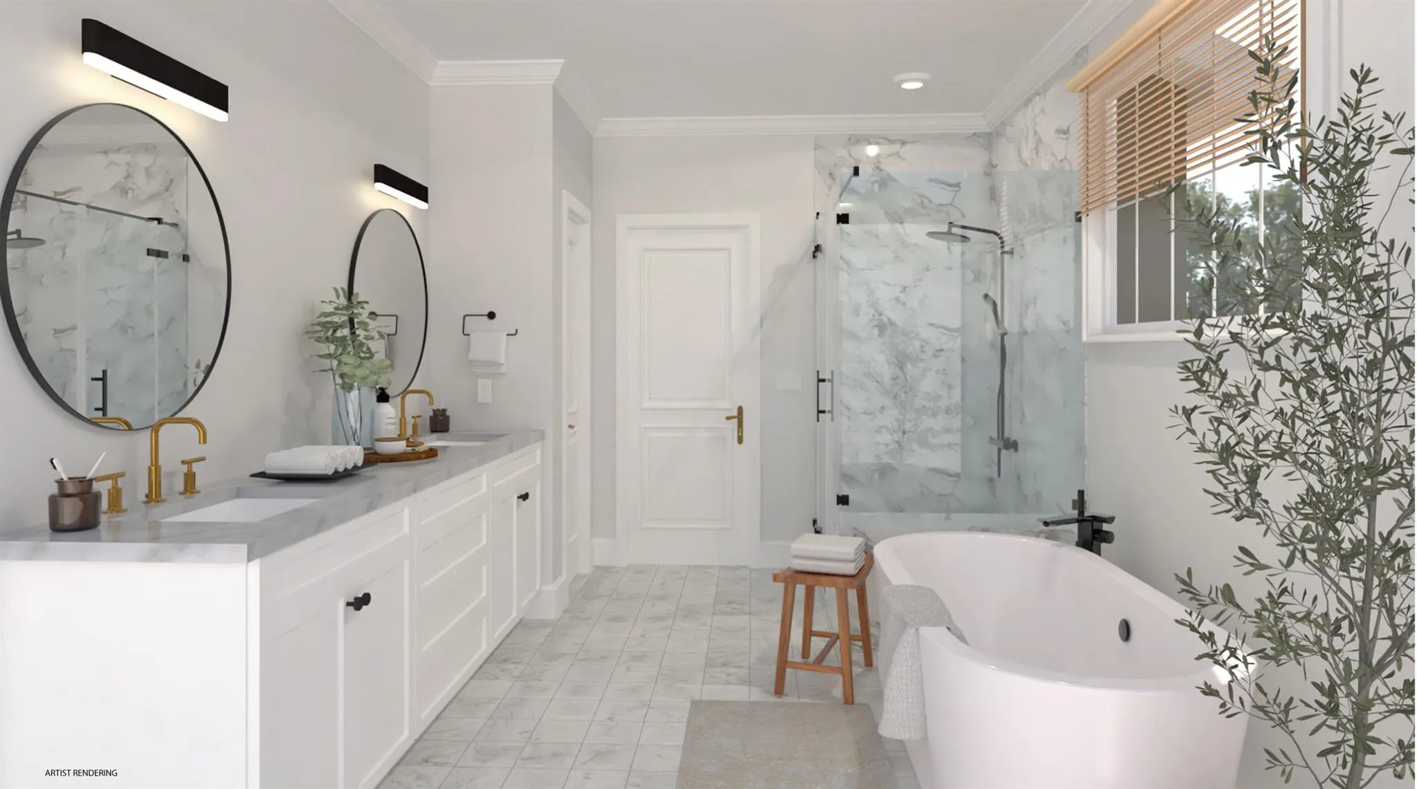 Full bath featuring marble finish floor, a marble finish shower, a freestanding bath, ornamental molding, and a sink