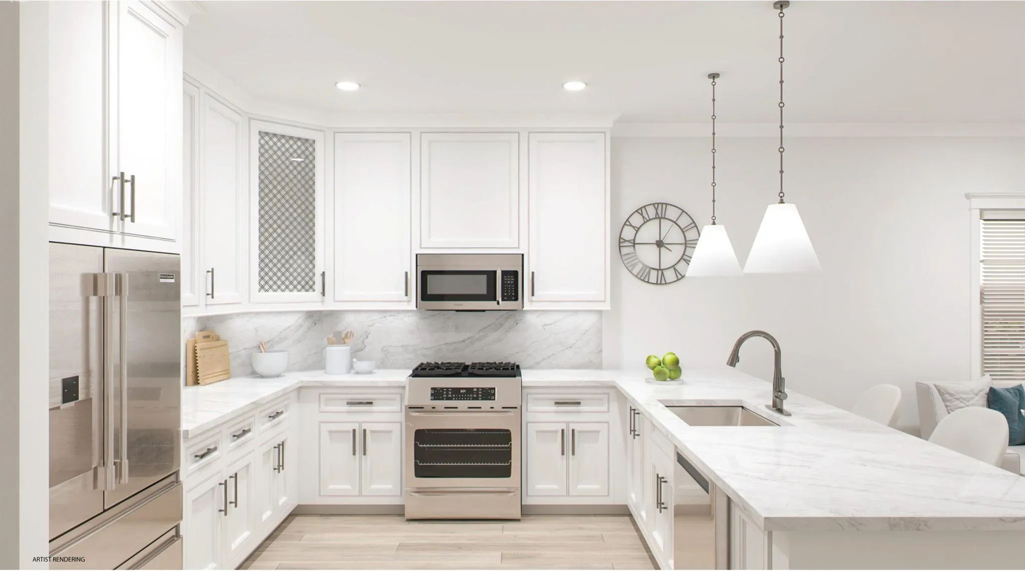 Kitchen with a peninsula, a sink, white cabinets, appliances with stainless steel finishes, and decorative light fixtures
