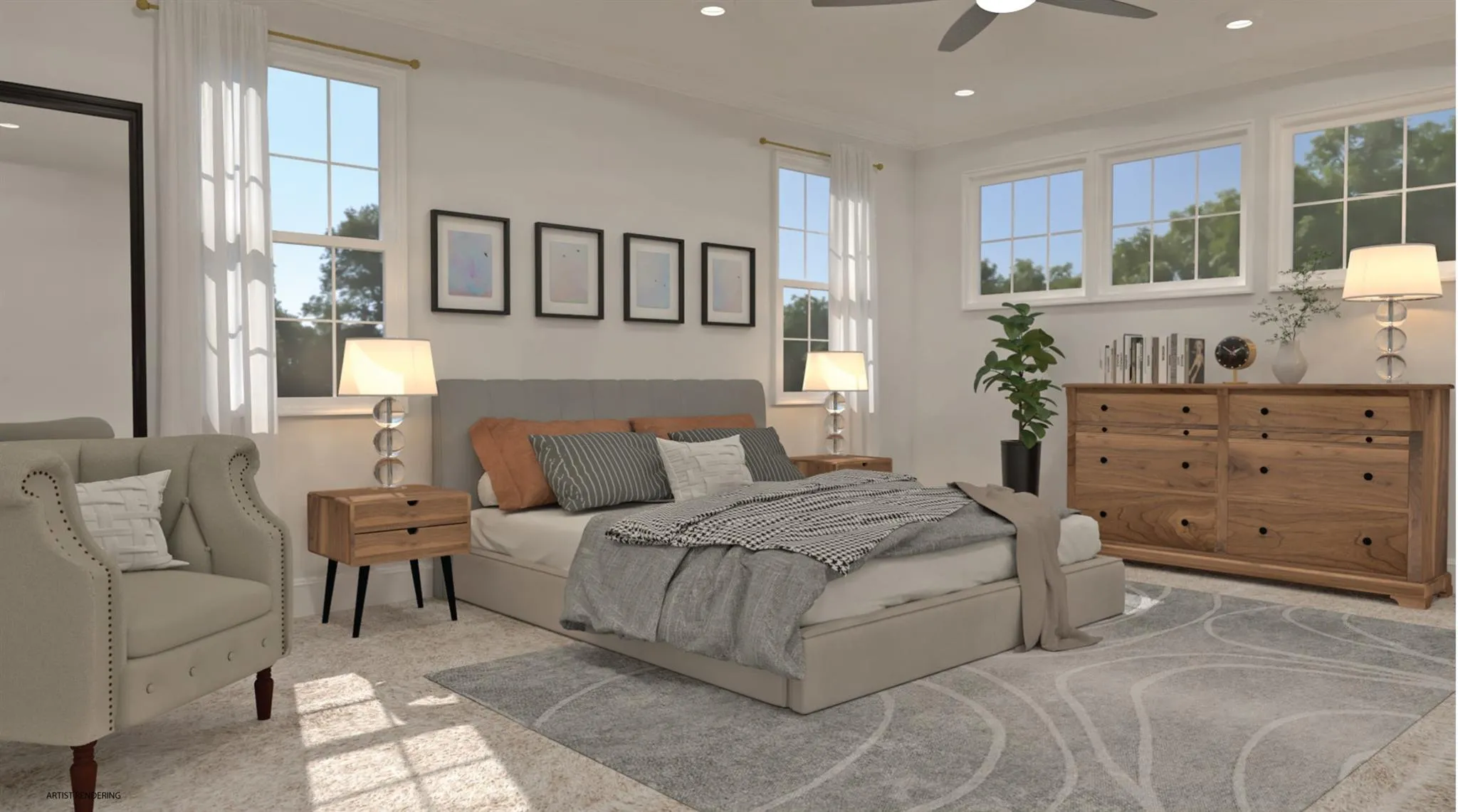 Bedroom featuring a ceiling fan, recessed lighting, light colored carpet, and crown molding