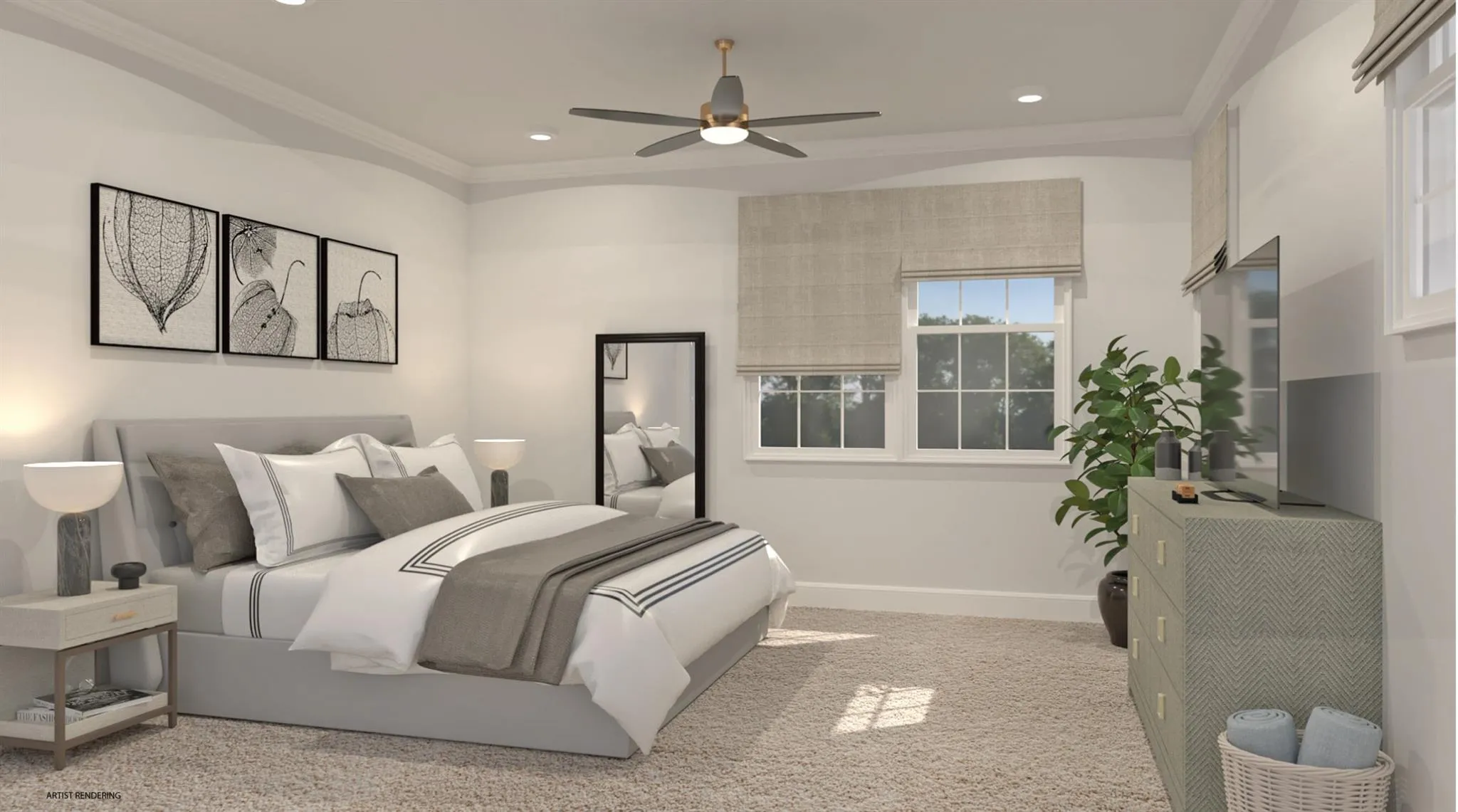 Bedroom with ceiling fan, recessed lighting, light carpet, baseboards, and crown molding Bedroom with ceiling fan, recessed lighting, light carpet, baseboards, and crown molding