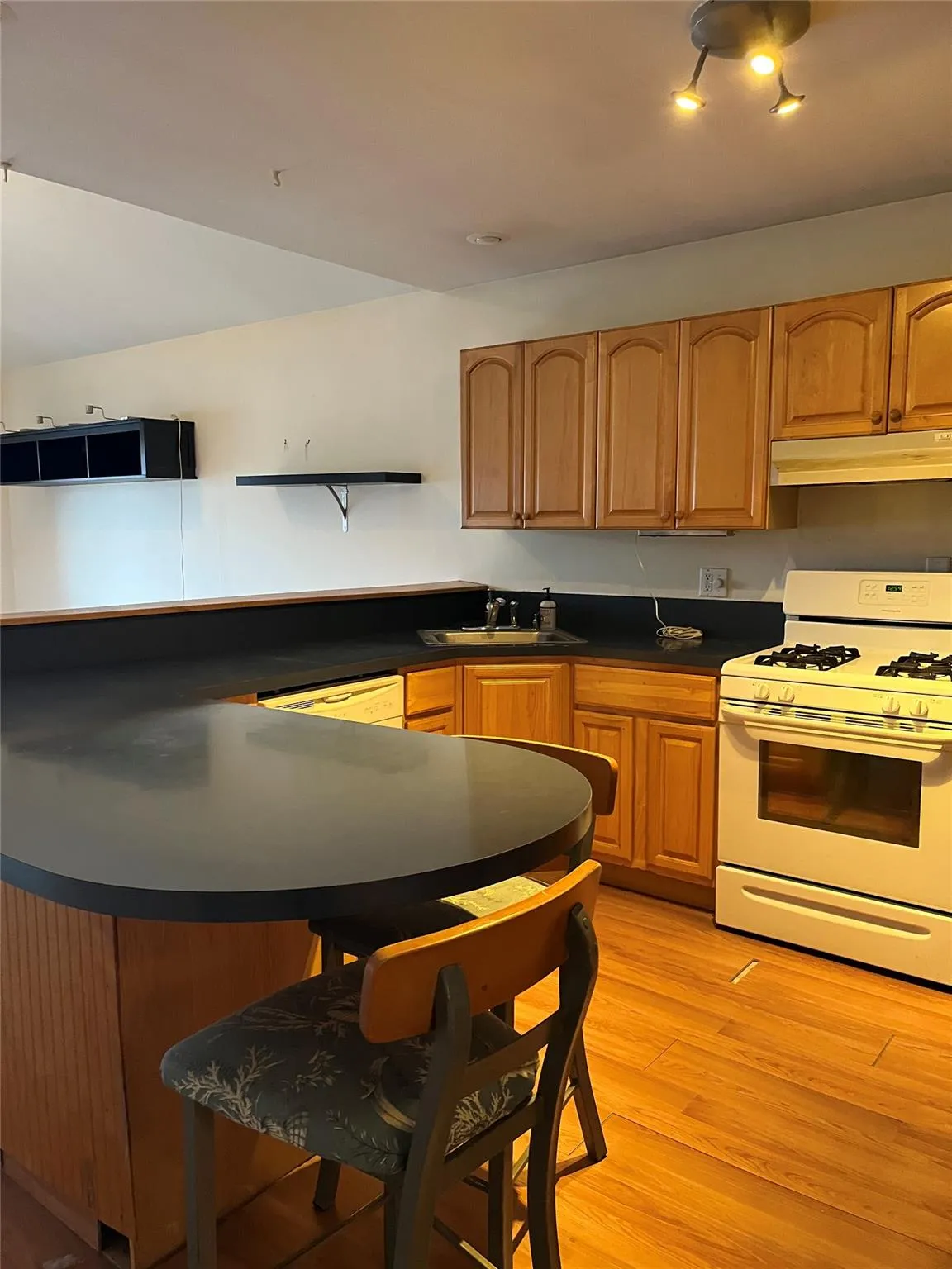 Kitchen with light hardwood / wood-style floors, white appliances, and sink Kitchen with light hardwood / wood-style floors, white appliances, and sink