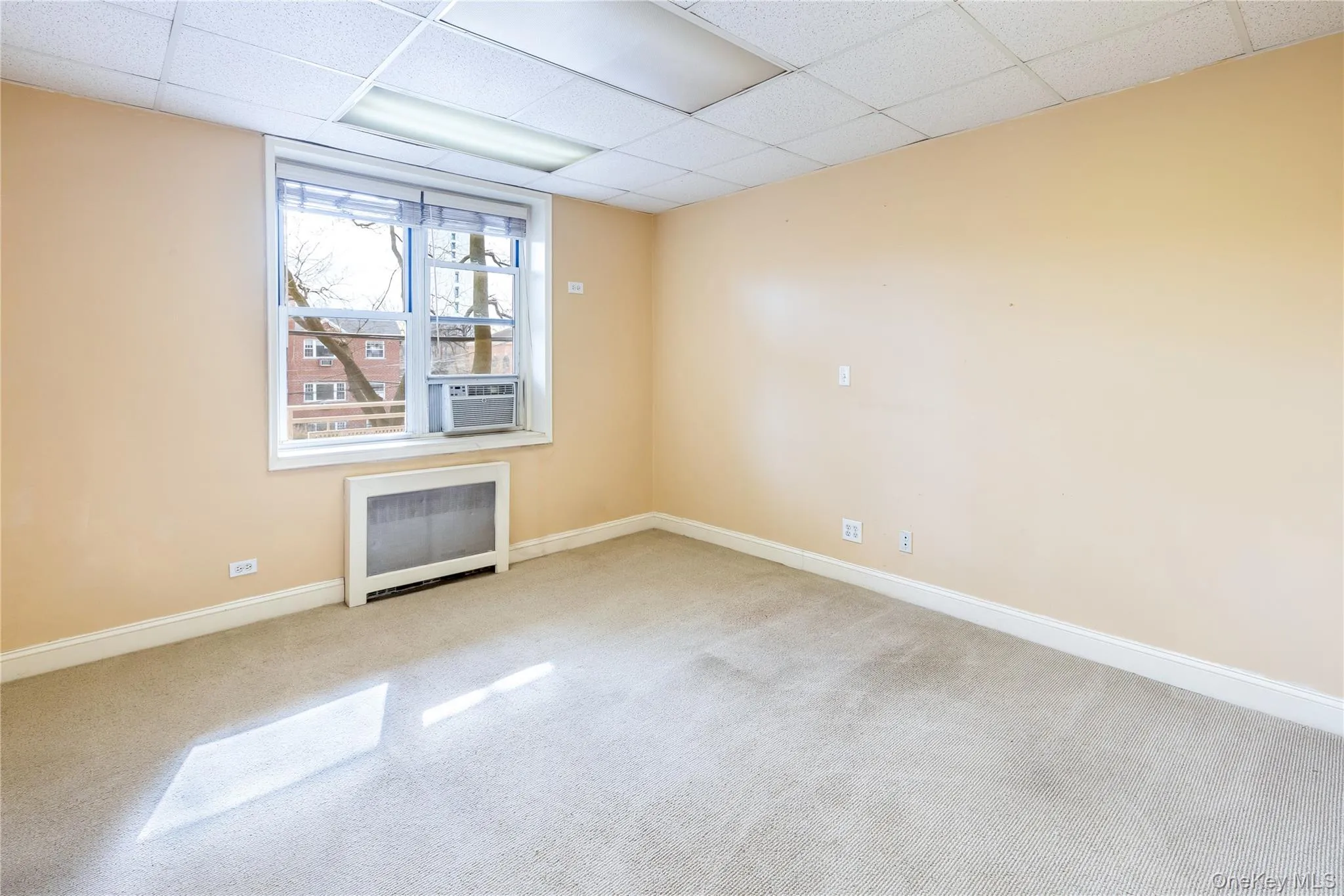 Carpeted spare room featuring radiator, a drop ceiling, and cooling unit Carpeted spare room featuring radiator, a drop ceiling, and cooling unit