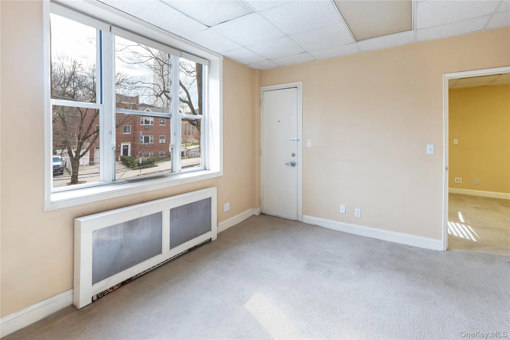 Carpeted empty room featuring a drop ceiling and radiator heating unit Carpeted empty room featuring a drop ceiling and radiator heating unit