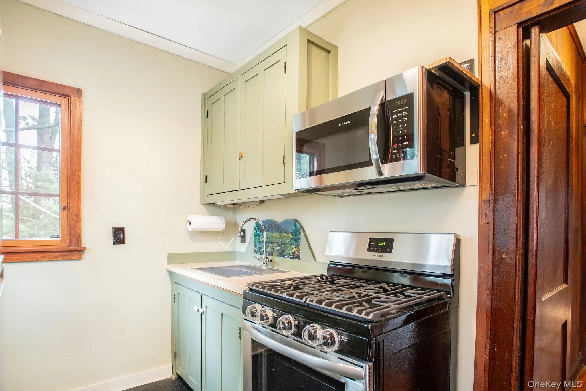 Kitchen with gas stove and microwave, leading to back yard. Kitchen with gas stove and microwave, leading to back yard.