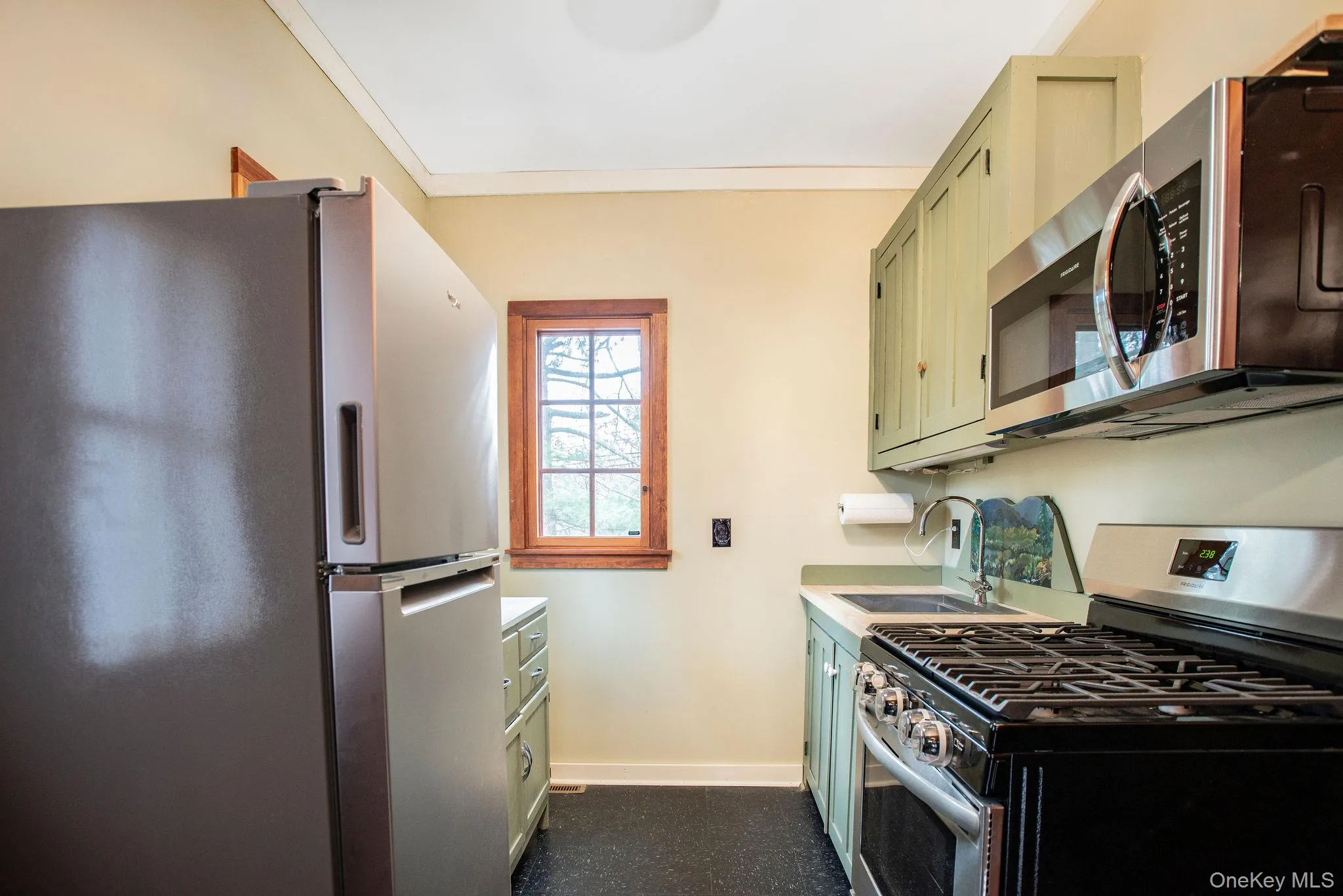 Kitchen with gas stove and microwave, leading to back yard. Kitchen with gas stove and microwave, leading to back yard.