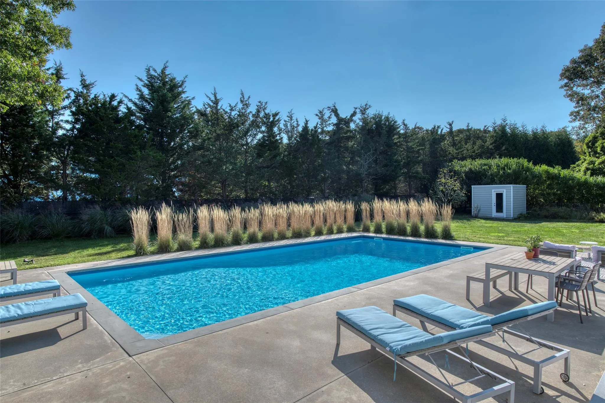 View of pool featuring a patio, an outdoor structure, and a lawn View of pool featuring a patio, an outdoor structure, and a lawn