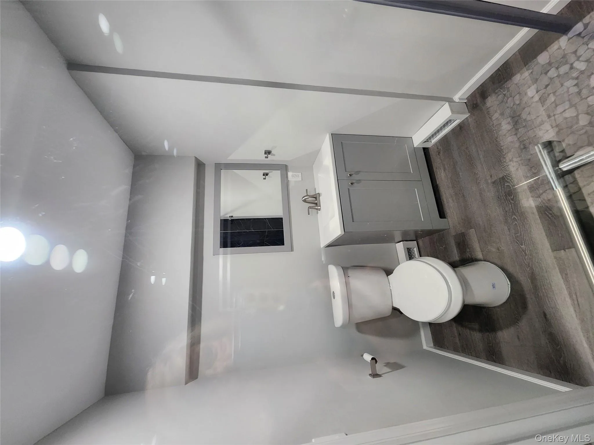 Bathroom with hardwood / wood-style floors, vanity, and toilet Bathroom with hardwood / wood-style floors, vanity, and toilet