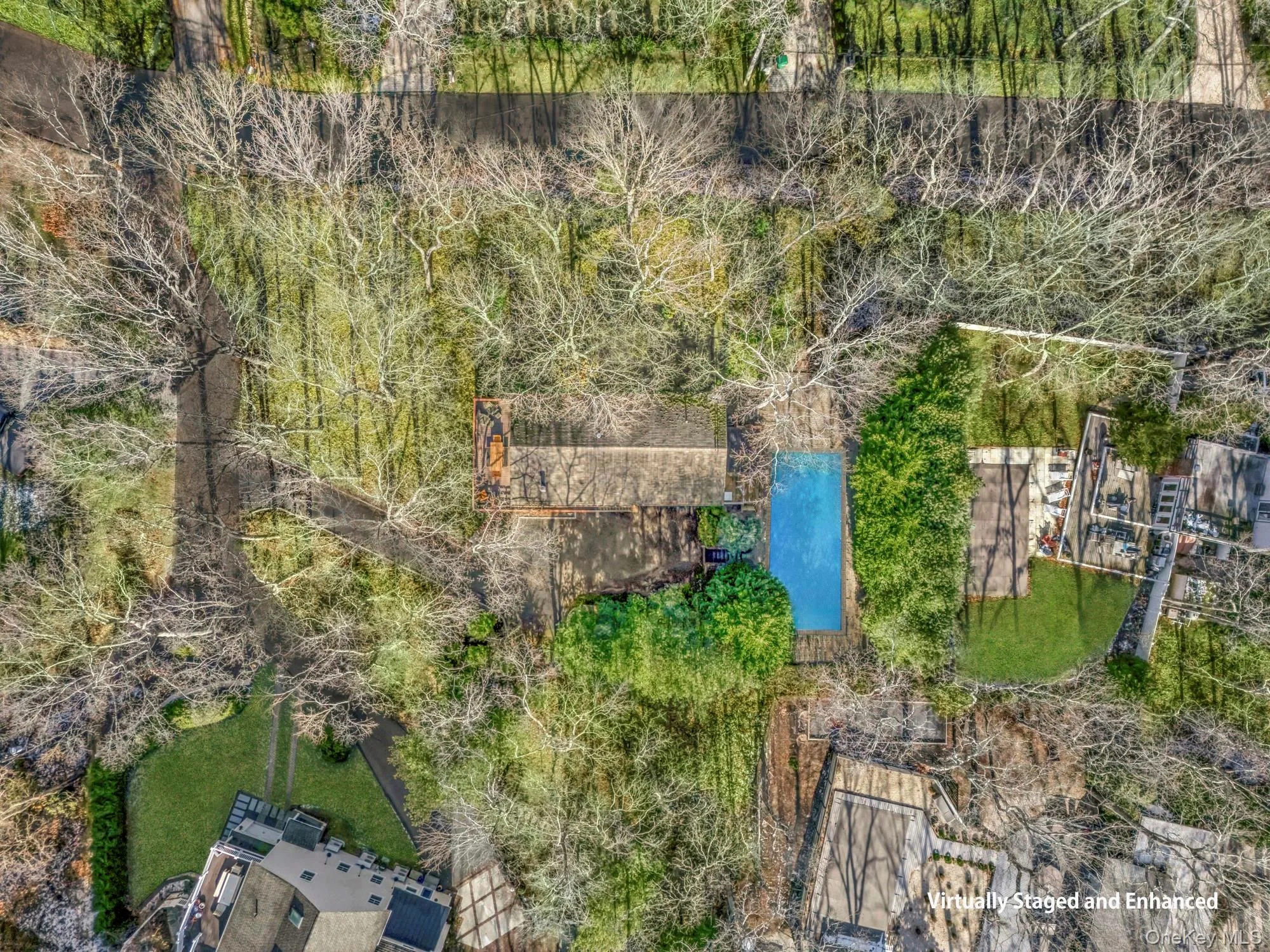 Virtually Staged & Enhanced. Birds eye view of property