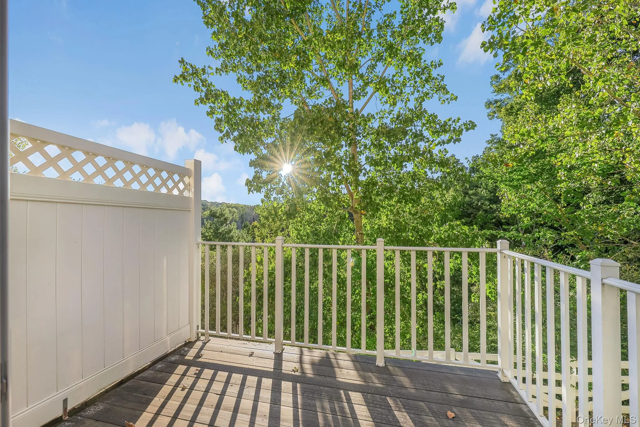 There is a large pond beyond the deck and trees. Outdoor deck with wood-finish flooring, white lattice-top privacy fencing, and white balustrade railing There is a large pond beyond the deck and trees. Outdoor deck with wood-finish flooring, white lattice-top privacy fencing, and white balustrade railing