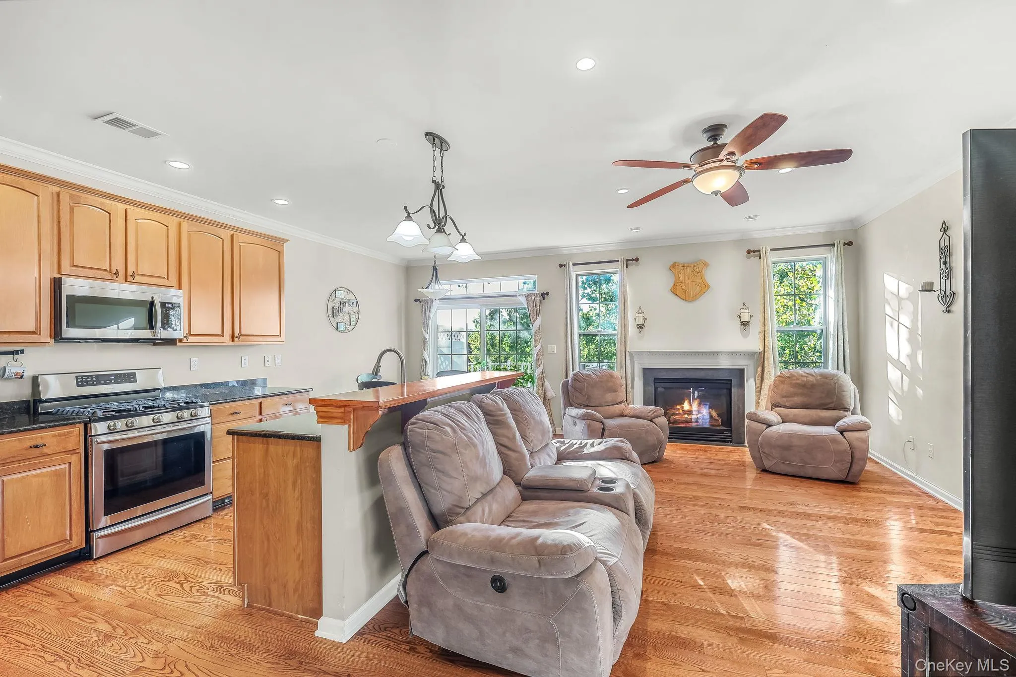 Wood-finish flooring throughout, stainless steel kitchen appliances, wood cabinetry, built-in fireplace, and a ceiling fan with integrated lighting Wood-finish flooring throughout, stainless steel kitchen appliances, wood cabinetry, built-in fireplace, and a ceiling fan with integrated lighting
