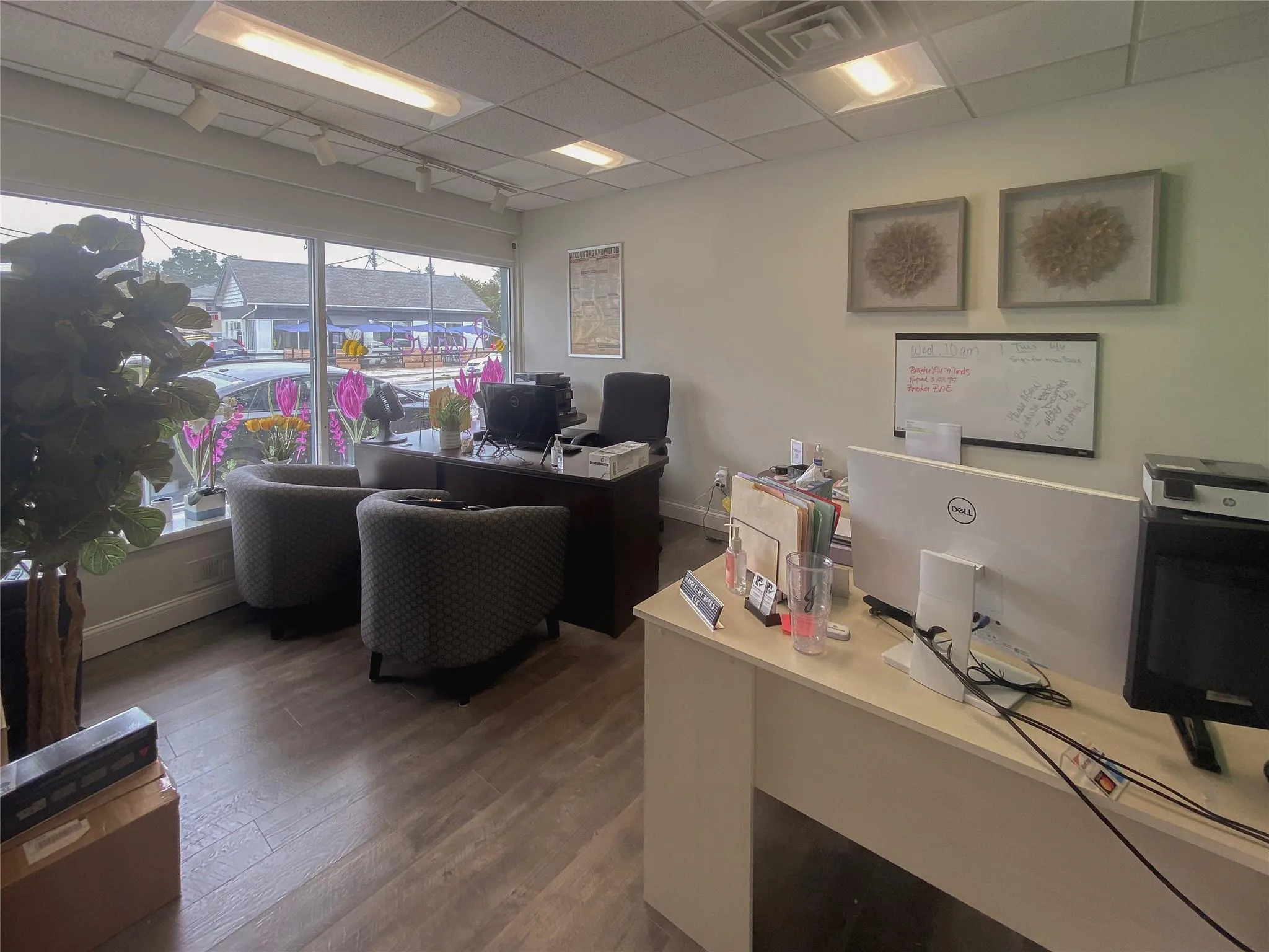 Office featuring a drop ceiling and hardwood / wood-style flooring Office featuring a drop ceiling and hardwood / wood-style flooring