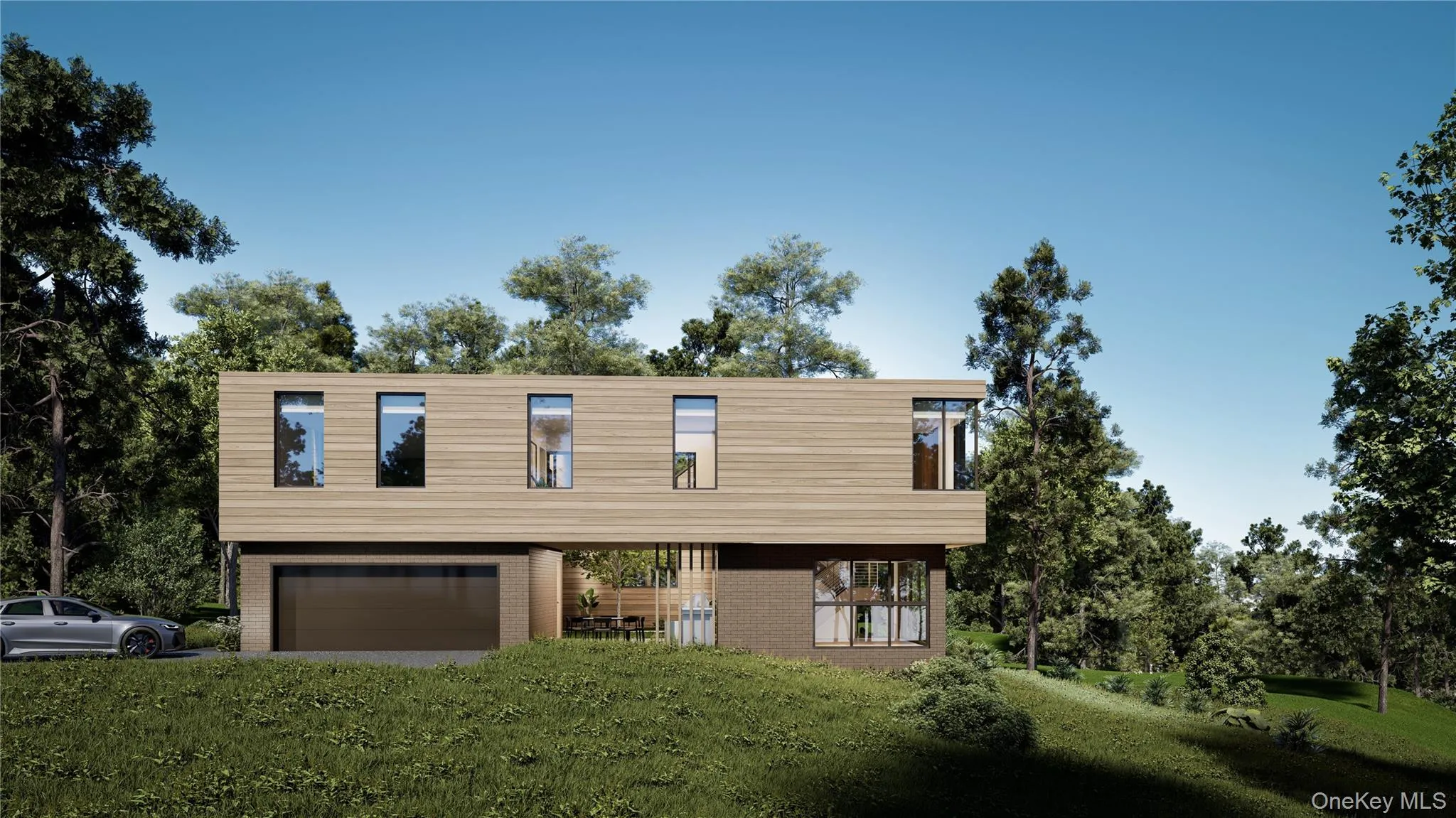 Driveway approach: 2-Car Garage and ground-level site line to interior courtyard. Driveway approach: 2-Car Garage and ground-level site line to interior courtyard.