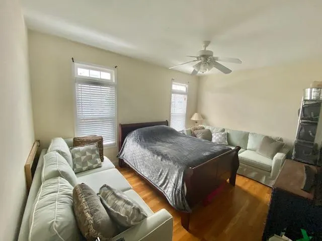 Bedroom featuring multiple windows, dark hardwood / wood-style floors, and ceiling fan Bedroom featuring multiple windows, dark hardwood / wood-style floors, and ceiling fan