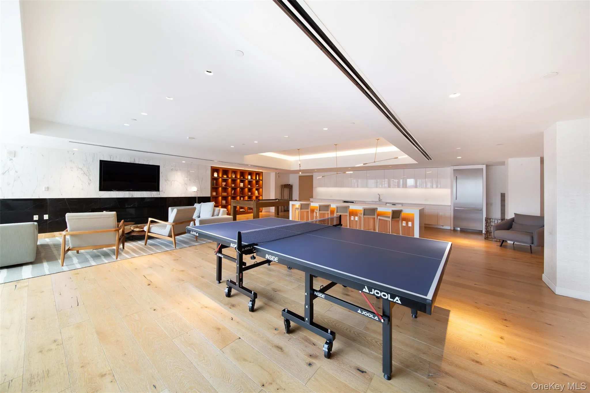 Recreation room with light hardwood / wood-style floors and a tray ceiling Recreation room with light hardwood / wood-style floors and a tray ceiling