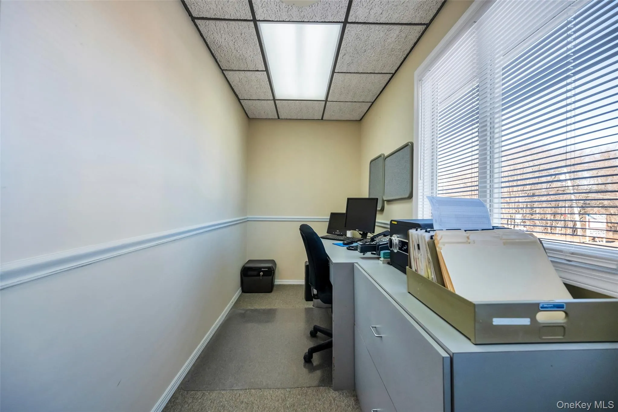 Carpeted office with a drop ceiling Carpeted office with a drop ceiling
