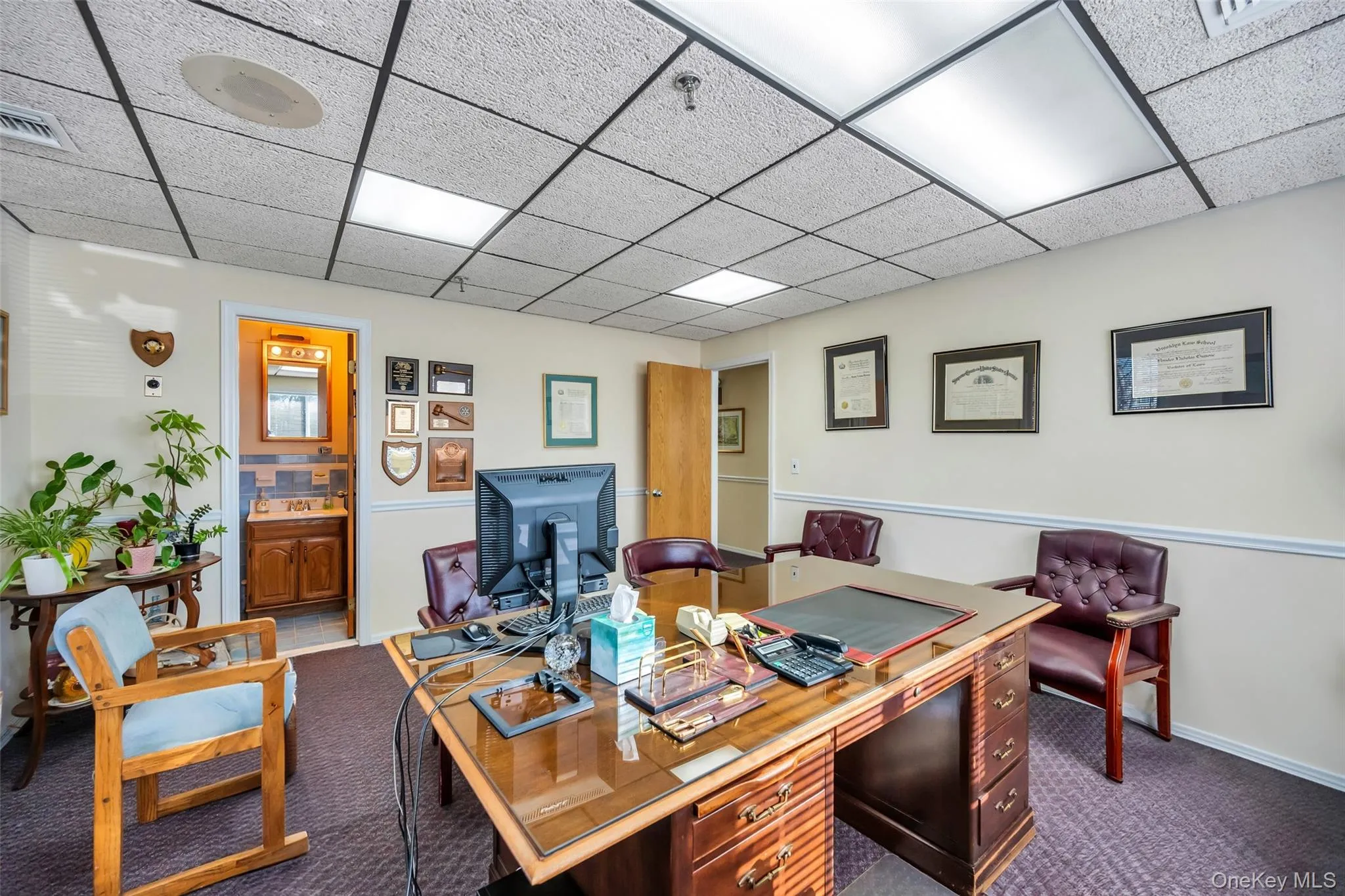 Carpeted home office with a paneled ceiling Carpeted home office with a paneled ceiling